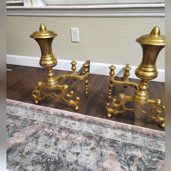 Large Fireplace Brass Andirons 21" Tall Federal Style 1940's Fire Dogs Gold Tone - Picture 1 of 7